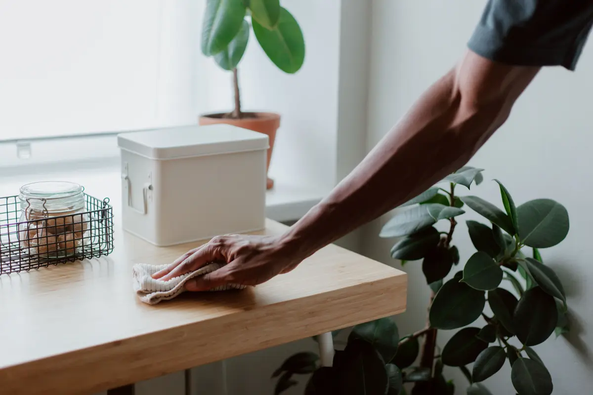 Illustrative stock photo of a hand wiping a wooden surface beside houseplants