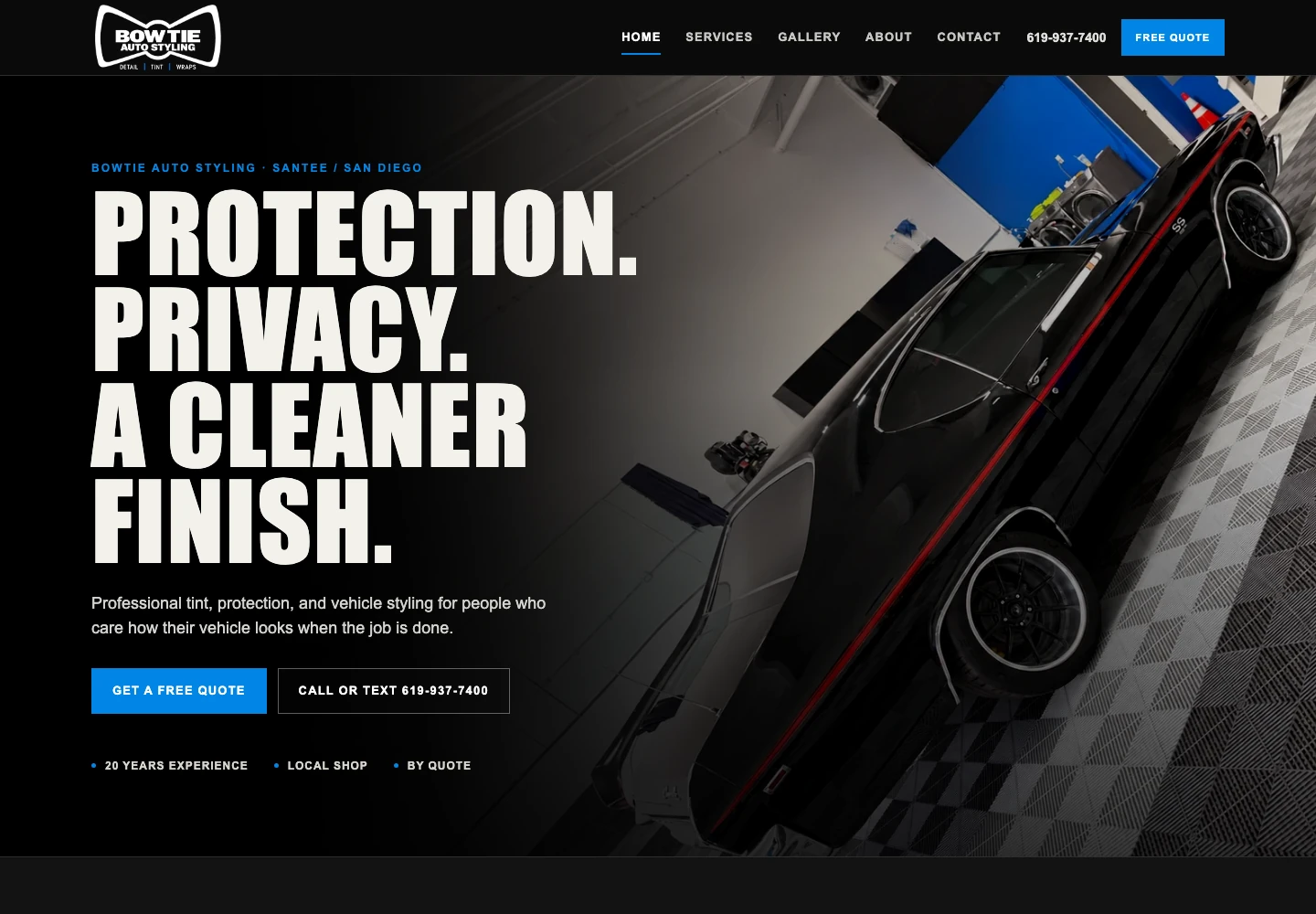 Bowtie Auto Styling website: black and blue design with vehicle photography, tint and protection services, and a quote button