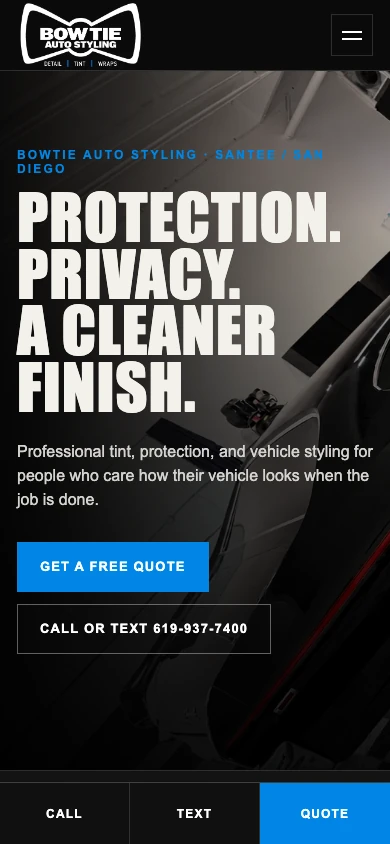 Bowtie Auto Styling website: black and blue design with vehicle photography, tint and protection services, and a quote button